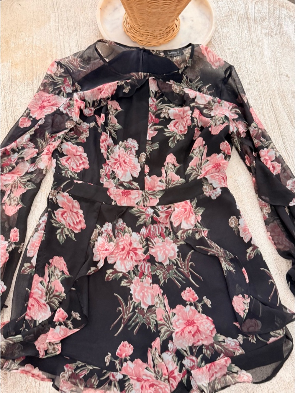 Bardot Black Floral Chiffon Romper with Pink Roses